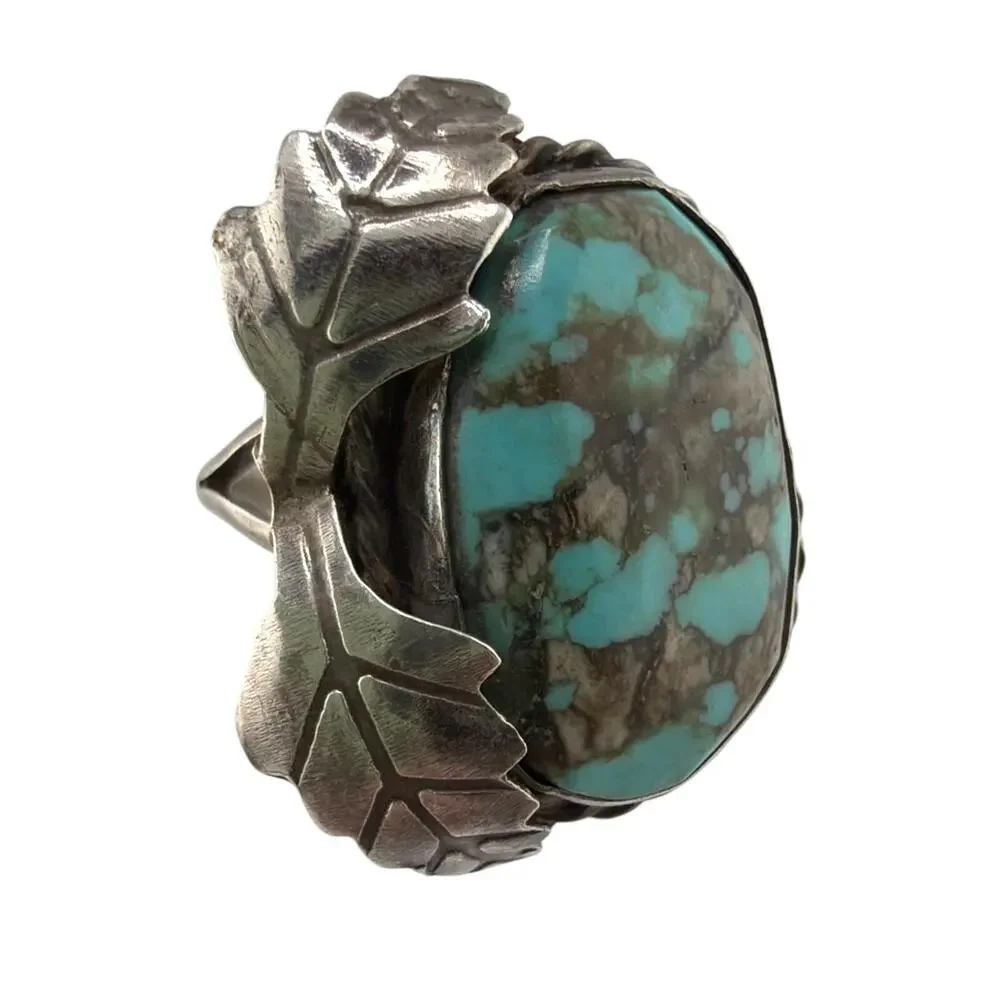 Vintage Navajo Sterling Silver Turquoise Leaf Ring 6.5